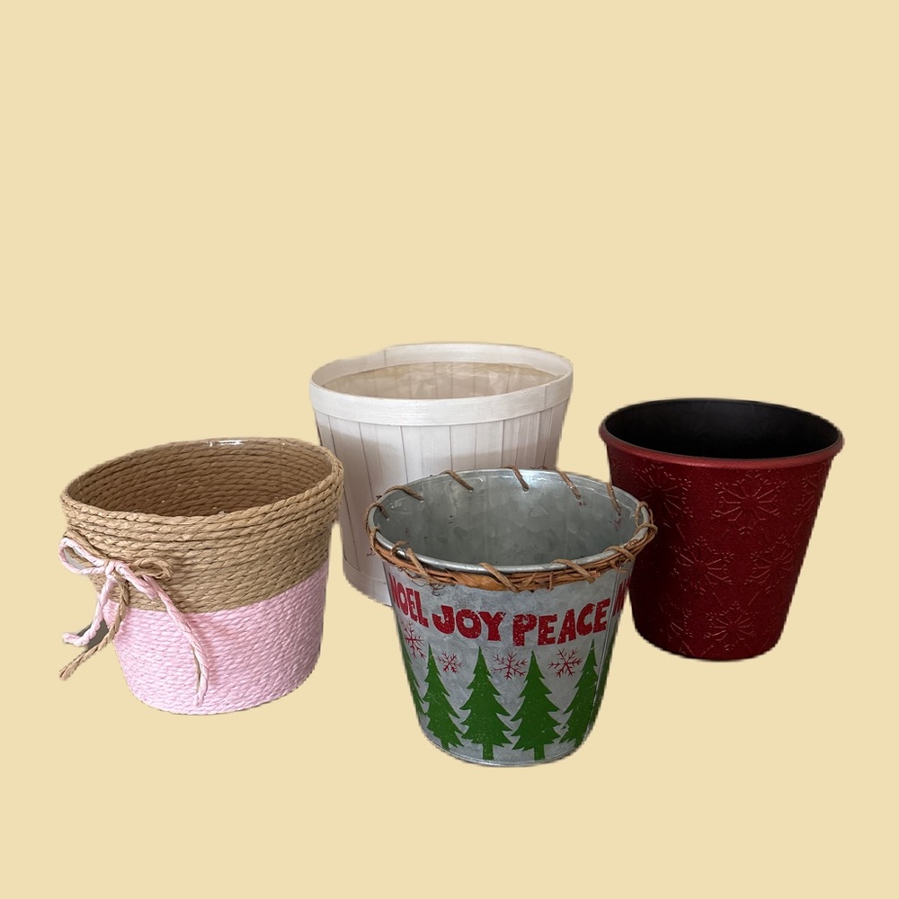 Set of 4 Decorative Indoor Plant Pots - Pink, White, Red, and Holiday Tin